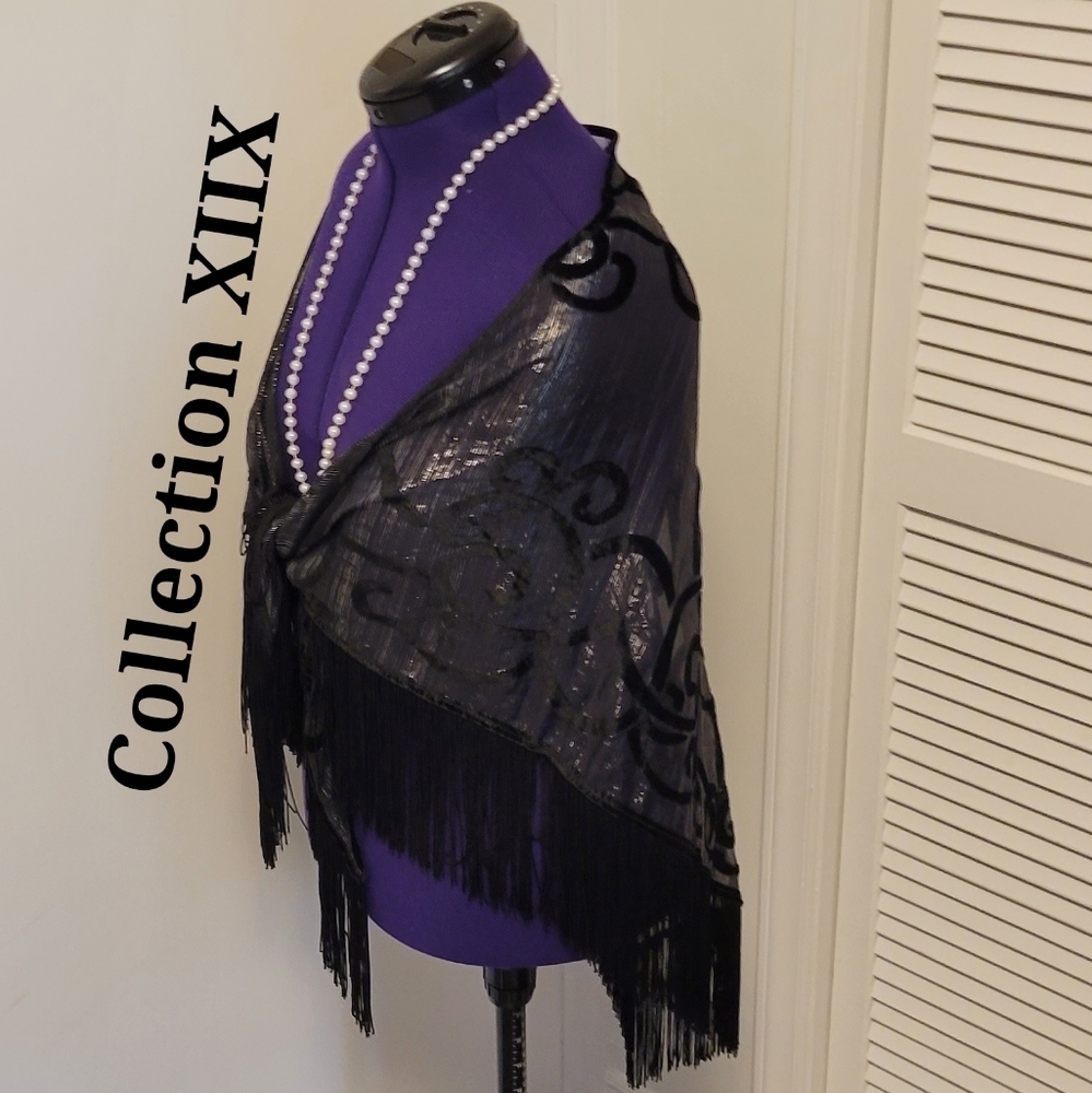 Collection 18 black silk & velvet triangle fringe wrap scarf.